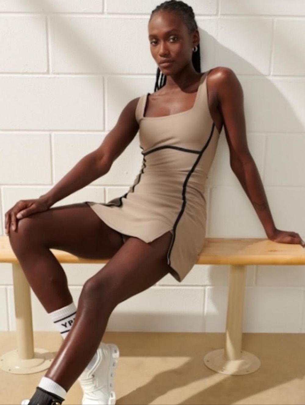 NEW Abercrombie & Fitch YPB SculptLUX Corset Seam Mini Dress In Oat - XS